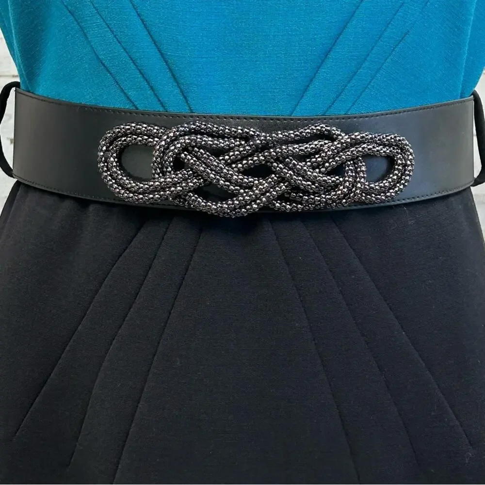 Tahari Arthur S Levine Short Sleeve Belted Dress Size 4 Teal Black Two Tone - Picture 4 of 14